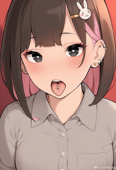 masterpiece,best quality,amazing quality,
tongue, solo, rabbit hair ornament, 1girl, piercing, tongue out, black eyes, brown hair, tongue piercing, red background, jewelry, multicolored hair, open mouth, earrings, shirt, pink hair, looking at viewer, hair ornament, blush, bangs, heart, streaked hair, collared shirt, ear piercing, grey shirt, watermark, bow,
 <lora:Irotenya:1>
