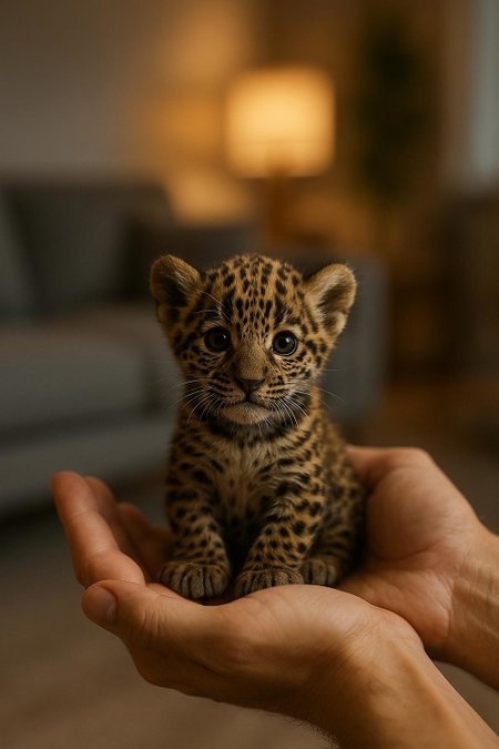 A hyper-realistic scene of a micro tiny baby jaguar sitting gently on a person’s hands inside a cozy modern living room. The jaguar cub has expressive eyes, detailed fur with vivid spots, and a curious expression. The background shows a grey sofa, soft lighting, and a warm, stylish interior. Shallow depth of field, cinematic lighting, ultra-detailed texture 