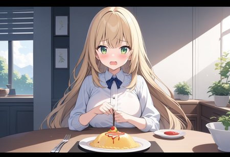 (extremely detailed CG unity 4k wallpaper),(masterpiece),(best quality),(ultra-detailed),(best illustration),(best shadow),(absurdres),(detailed background), (high res image), (High image quality),(Looking at the front),(looking at the audience),(Upper Body),
（A cute white dress,）
1girl, solo, 
A worried face,
long hair, Large breasts,
Braided long hair, blonde, Green eyes,
During the day,
Eating omurice at the dining table with relish.
