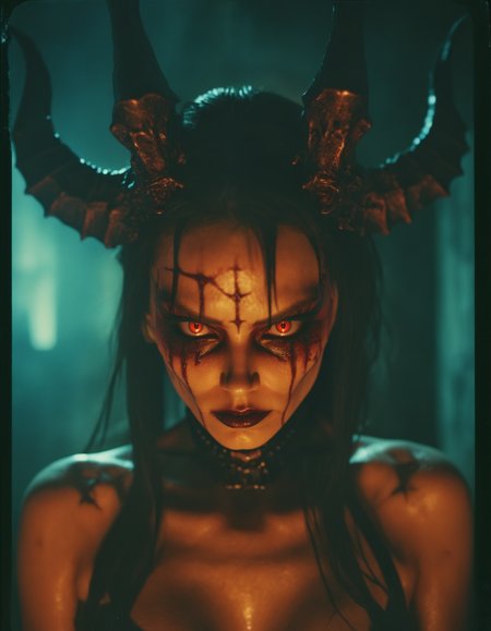 most realistic, highest details, dynamic side view of a lethal demonic mistress with the most beautiful face with glowing eyes, looking at viewer, infernal, shot on polaroid film, faded colors, motion blur, shallow depth of field,  dramatic lighting, dimly lit interior of a torture chamber in hell, deep shadows, chiaroscuro, highly detailed and hyper realistic