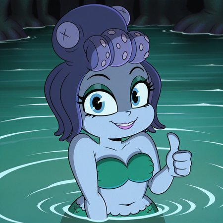 masterpiece, best quality, amazing quality, highres, absurdres,  <lora:Calamaria_Cuphead_Show:1>, cala1, mermaid, octopus hat, bra, blue eyes, water, partially submerged, looking at viewer, smile, thumbs up, purple skin,
