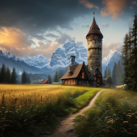 realistic analog photo, award winning photo, 
fantfa, background, mountain, trees, foreground, field, house, farm, farmland, witow, a wizard tower,
high-quality, crisp, sharp, professional-grade, high-resolution, fine detail, accurate colors, low noise, fast shutter speed, wide dynamic range, precise focus, RAW, highres, 8k, uhd, High Dynamic Range, tonemapping, crisp details,