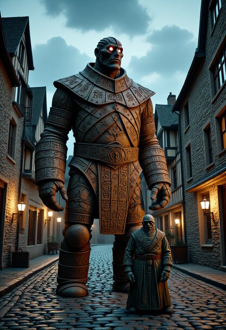an image in the streets of Ankh-Morpork: Constable Dorfl, the towering golem of the City Watch, stands firm, his massive clay body unyielding, in a tense standoff with a dwarf. The dwarf, with its fiery eyes and an axe that shimmer in shades of green and gold. Cobblestones. The surrounding medieval streets are empty, buildings casting long shadows in the fading light, as a sense of impending danger fills the air. Cloudy blue ski.