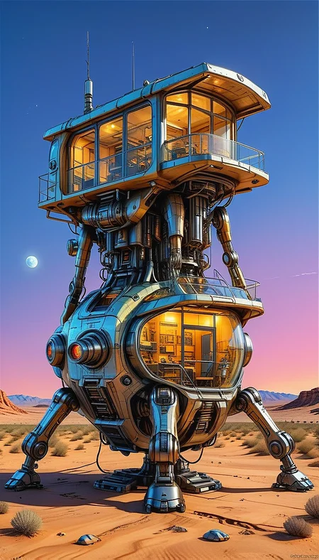 (cel-shading:2)+, (in ARTIST style:1.6), (masterpiece:1.7), hyperrealism, glossy, shinny, night:2,
clear image, accurate picture, clear picture, precise image, focused image, Science fiction style, Science fiction, neon, glowing neon,
(glass and wood house with cozy comfy living space inside) on mechanical legs, science fiction, aquarium on mechanical legs focus, night desert background, mecha, 
comic style, (ultra sharp focus:2), (thin lines:2),
(best quality:1.8),
<lora:Apparatus_-_Traction_City_Walkers_Vehicles:0.8>,