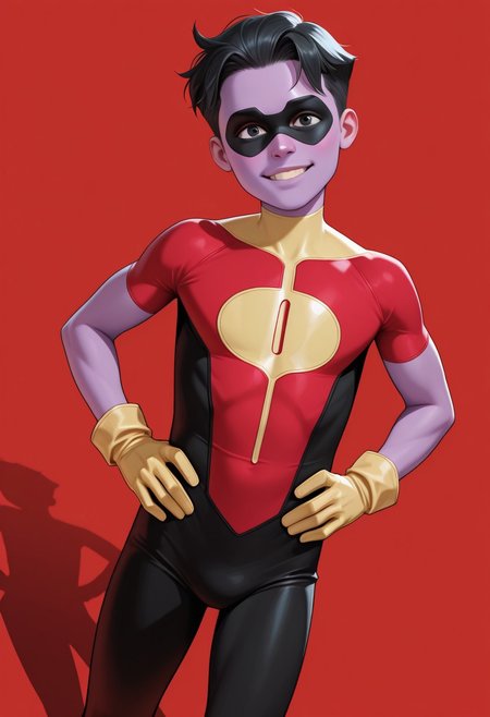 masterpiece, absurdres, high quality, perfect anatomy, 1boy, solo, cute boy, young, male focus, Oliver_Grayson, Purple Skin, Colored Skin, Black Hair, Black Eyes, Domino Mask, Superhero Costume, Yellow Gloves, smile, parted lips, hands on hips, cinematic, intricately detailed illustration, depth of field, masterpiece, best quality, amazing quality, very aesthetic, absurdres, newest, very awa,  shadow, dynamic angle, casual cosplay, dynamic pose, simple background, red theme,