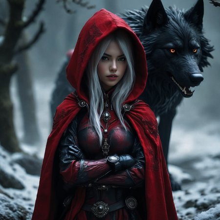 armavena girl in a red black scarlet cloak with a hood dark wolf in the background, very detailed, cinematic, darkness <lora:armavena:1>