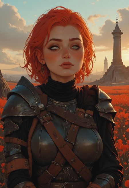 Midjourney_Whisper, A hyper-realistic portrait of a stunning supermodel, featuring a beautifully detailed face with captivating eyes and a serene expression.
Stunning illustration. masterpiece. bewitching color, depth of field, soft lighting, sharp focus, anime,  <lora:ILLUSTRATION_2_FLUX v2:0.4> <lora:midjourney_whisper_flux_lora_v01:0.4>
The passage describes a highly detailed and ethereal side-profile portrait of a . full body shot, masterpiece, best quality, 1girl, extremely beautiful, medium large breasts, slender body, curvy, wearing nordic clothes, mystic jewelry, model pose, perfect composition, seductive smirk, cute, very pretty, subtle, simple, close up, female, girl in armor, short red hair, tired, around a field of flowers, sunset, ruins, anime