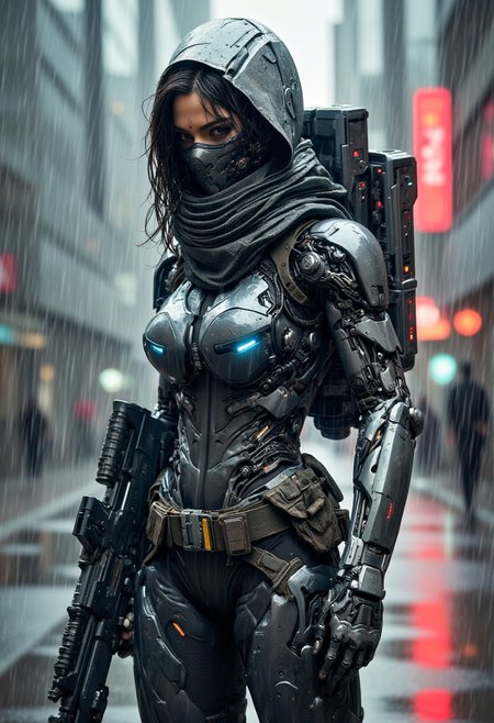 Recypu style, Cyberpunk highly detailed, high-resolution photograph.

This image is a highly detailed photo featuring a futuristic, armored female warrior standing in a rainy urban environment. The subject is clad in a complex, multi-layered exoskeleton suit with a sleek, metallic gray and black color scheme. The suit is heavily armored, with intricate details including panels, joints, and mechanical components, suggesting advanced technology. The exoskeleton has a bulky, yet aerodynamic design, with shoulder pads, chest plates, and thigh guards that provide a sense of protection and mobility. The suit has a futuristic aesthetic, with glowing blue lights and various symbols and markings indicating advanced functionality.

The warrior's face is partially obscured by a full-face helmet, which has a sleek, aerodynamic design with a visor that covers the eyes. Her hair, which is dark and wavy, peeks out from beneath the helmet. She holds a large, futuristic rifle in her right hand, indicating readiness for combat. The background shows a rainy street scene with blurred, out-of-focus elements, suggesting a downpour. The ground is wet, reflecting the rain, and the pavement is slightly reflective, adding to the wet and gloomy atmosphere. The overall style is hyper-realistic, capturing the gritty, industrial aesthetic of a futuristic war zone.