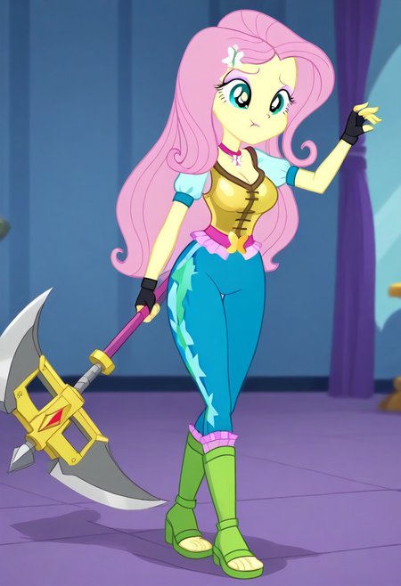 (masterpiece:1.0), (best_quality:1.0), ((perfect face:1)),((perfect body:1)),((perfect shadows:1)),
ng_deepnegative_v1_75t, zPDXLxxx, My little pony,(equestria girls)(full body shot) , Perfect Hands, perfecteyes, beautiful, vector, detailed hand, seductive look,bedroom eyes, detailed eyes, ,dinamic hands,full body portrait,  
BREAK charcters, 
(Equestria Girls Style:1.5),
prostitutes with massive breast and hyper hips, fluttershy, pink hair, teal eyes, long hair, eyeshadow, butterfly ornament, hair ornament, yellow skin, colored skin,
(Equestria girls:1),(massive breast:1.3),(hyper hips:1),
slutty thick round ass,massive thick thighs,perfect breast,
BREAK raytracing, volumetric lighting, ambient occlusion, background, 
BREAK wearing, 5 fingers, detailed character design, ultra-high resolution,
detailed character design, ultra-high resolution, ultra detail,
bedroom eyes, 
absolute cleavage, (Random epic figth pose:2),( sexually suggestive;2),(front view:2),
(fantasy naughty  barbarian armor:1.5), (fingerless gloves:1.5), (toeless footwear:1.5), (holding massive battle-axe), red aura, menacing glare, smug, glowing eyes, dynamic pose with battle-axe,
BREAK (shading:1).