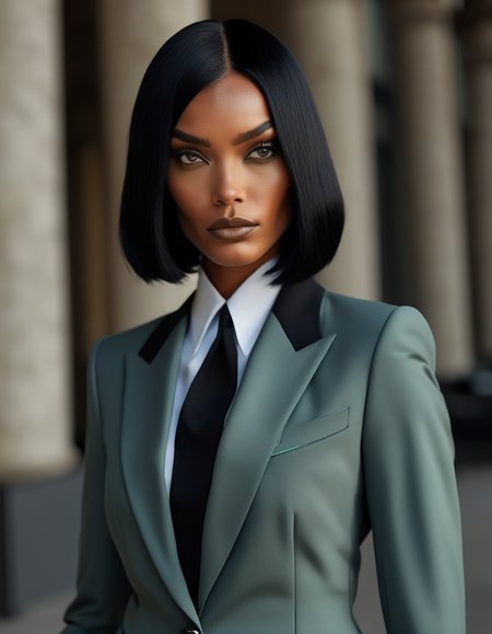 A portrait of a model with a sleek, raven-black bob, her sharp features highlighted by her intense, piercing eyes. Sheâs dressed in a tailored suit, exuding power and confidence, ready to take on any challenge that comes her way. <lora:usual-portrait-v2:1>