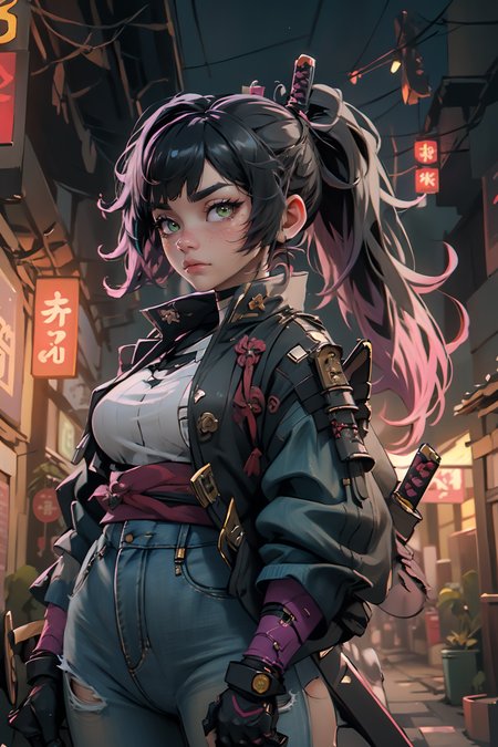 highres, masterpiece, perfect lighting, bloom, cinematic lighting, adult, female, looking at viewer, cowboy shot, (RSEEmma:1.5),<lora:RSERomantic_RSESofiko_RSEEmma-v1:0.3>,nijisamurai, samurai jacket, jeans, cyborg, <lora:Samuraibot:0.8>  side-swept bangs, black hair, pink IncursioDipDyedHair, messy mid ponytail, green eyes, thick eyebrows, freckles, <lora:DipDyedHair:1>