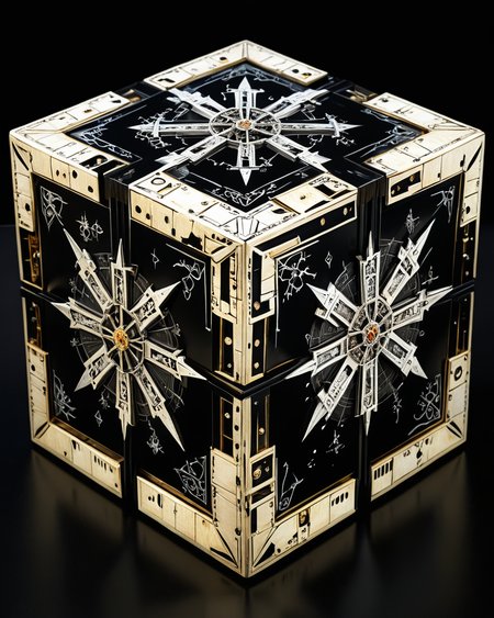 hellraiser puzzle box, black background, <lora:add-detail-xl:1.0>,  <lora:xl_more_art-full_v1:0.4>,   <lora:John Berkey Style:0.4> John Berkey Style page