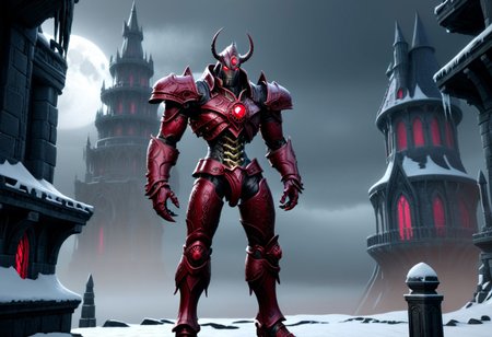 giant bipedal robot.  ruby red black and brass paisley. Geometric glass headed large legged robot. lacy robot saucer head outside of a steampunk keep. large detailed torso. dark image. one forty foot tall ancient robot with great arms and two heavy legs. foggy night background. dark foggy night image only. photo realistic image. steampunk details. cogs, chains and pipes incorporated in the fantasy buildings. ,  wizards tower in background. snow banks ice storm blizzard