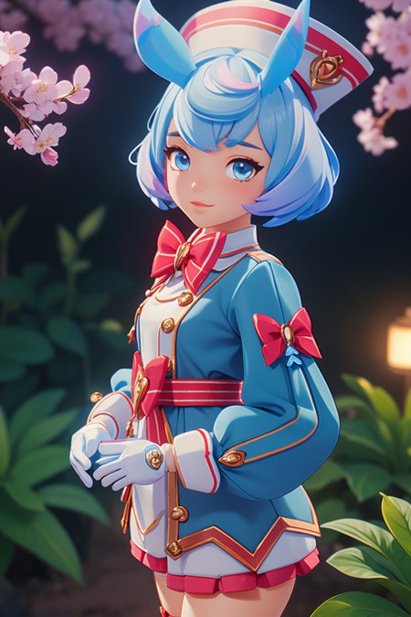 (2d:1.2), wide shot, (dynamic angle:1.1), outline, ((thick lineart)), cover, stylish, official art, (details:1.2), (fantasy), garden, (bloom:1.1), glow:0.2, shadow, nature, cherry blossoms, particles, (depth of field), sharp focus, (volumetric lighting), (bokeh:0.6), film grain:0.4, day, (soft lighting:1.1), mlzs, long sleeves, animal ears, short hair, bangs, hat, blue hair, gloves, white gloves  bow, red bow, shirt, jacket, looking at viewer <lora:Melusine_GI_10_01:0.8>