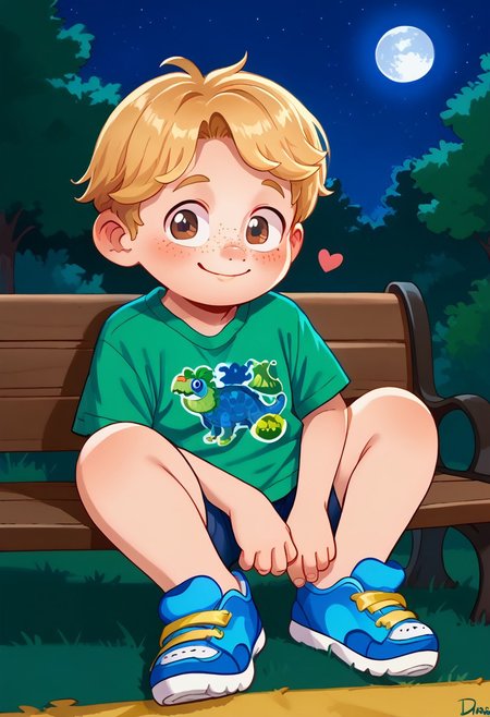 score_9, score_8_up, score_7_up, highly detailed, CuteCartoonStyle, cute boy, 1boy, solo, Aaron Mitchell, fair skin, shaggy, blonde hair, brown eyes, freckles. green t-shirt, dinosaurs shirt, blue and yellow strap sneakers, at night, full moon, sitted, bench, embarassed smile, half closed eyes, floating hearts, blushing, park, 
DSCStyle, round eyes, exaggerated proportions, cartoonish features, anime-inspired, cute aesthetics, cartoonish proportions, highlights,smooth lines, glossy highlights, minimal detail, clean outlines, consistent line weight, gentle highlights