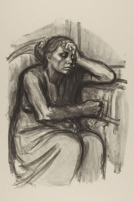 kako1 black and white charcoal drawing. 
This image is a charcoal drawing, rendered in a loose, expressive style. It depicts a poignant scene of a person, possibly a woman, lying on what appears to be a bed or a couch. The figure is depicted in a reclining position, with her head resting on her left arm, which is bent and draped over her face, suggesting a state of deep sleep or profound exhaustion. <lora:kako1_litho_nocap_d6a3:1.0><lora:814723006770404147:0>