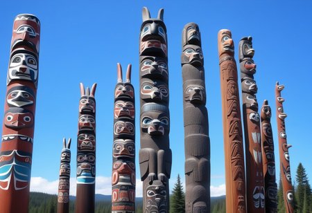 a photograph from the ground, pointing up of  beautifully decorated, intricately carved, beautifully painted, wooden totem poles, native American art, with various totem animals, hares, bears, eagles, and wolves and, stands on a beautiful natural background with land, water, sky and nature present, a realistic, breathtaking tall, wooden totem, nature, natural, absurdres, breathtaking, OverallDetailX, pop Tlingit totem pole, Archi Sculpture Photography