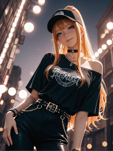 1girl, solo, beautiful eyes, blue eyes, long hair, high ponytail, sidelocks, eyelashes,
shirt, black shirt, t-shirt, print shirt, off shoulder, pants, black pants, fashion,
hat, choker, necklace, bracelet, belt, studded belt, chain, jewelry,
smirk, head tilt,from_below
  <lora:astolfomixXL-wildcard-255c-t3-ill2.0:1>, (masterpiece), (best quality), (ultra-detailed), very aesthetic, disheveled hair, perfect composition, moist skin, intricate details, cinematic photo, 35mm photograph, film, bokeh, professional, 4k, highly detailed