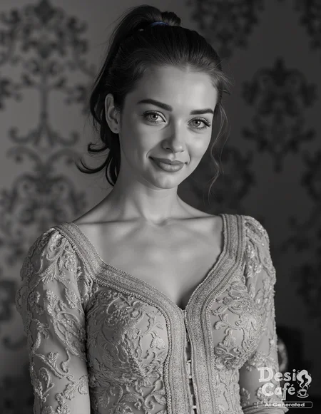 vintage greyscale photo of Amy Jackson woman, hyper realistic photo that is safe for work, shy smile, studio quality image, well dressed wearing intricate long sleevedfloral summer dress, hair styled as high ponytail,muted shaded wallpaper background that contrasts with the person, cinematic lighting,âââââ <lora:Amy_Jackson_Flux_Kohya_LoRA_v1:0.8>âââ