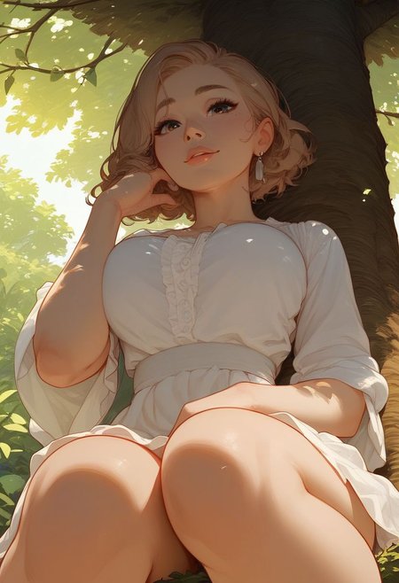 score_9, score_8_up, score_8, 
below, highres,  solo,
of one girl, 
light brown hair, cute face, beautiful face,
sitting under tree,