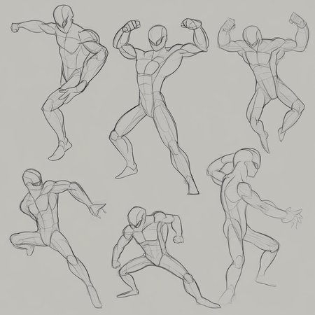 super dynamic character poses, random poses and angles, 4 poses, male focus, clearly defined masterpiece body posing, clean sketches, line art,