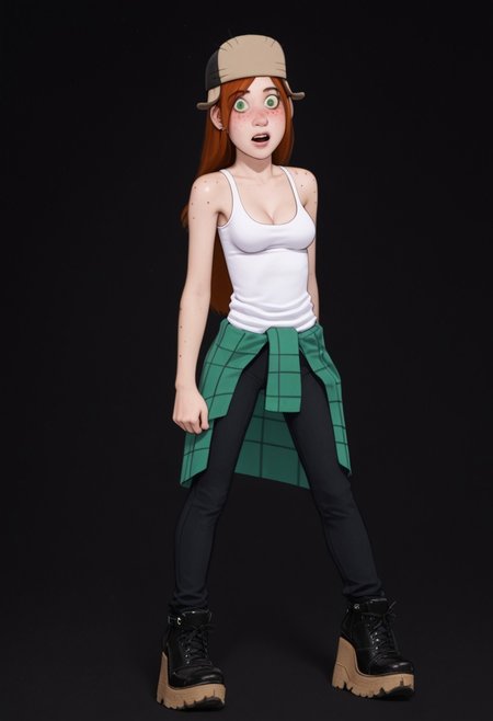 score_9, score_8_up, score_7_up, (ultra HD quality details), 
dark background, 
standing, posing for photo, looking at viewer,
1girl, Wendy, medium breasts, 
purple eyes, cute nose,
long red hair, hat,
green eyes, white sclera,
freckles,
long thin legs,
white tank top, jewelry, sweater around waist, black pants,
black platform shoes,
blushing, nervous,