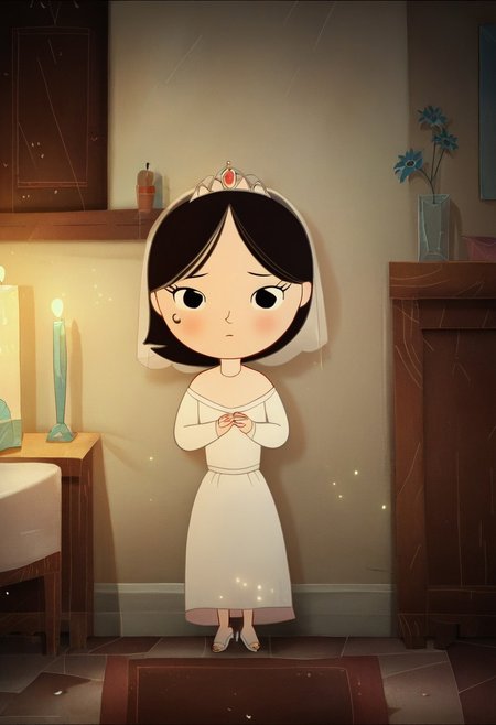 zPDXL3, source_cartoon, Perfect Hands, full body, 1girl, solo, saoirse, black hair, black eyes, blush, short hair, Full body, barefoot, Perfect Hands, Wedding dress, Wedding veil, Golden tiara, white high heels sandals, indoors,  (detailed backbround:1.3)
