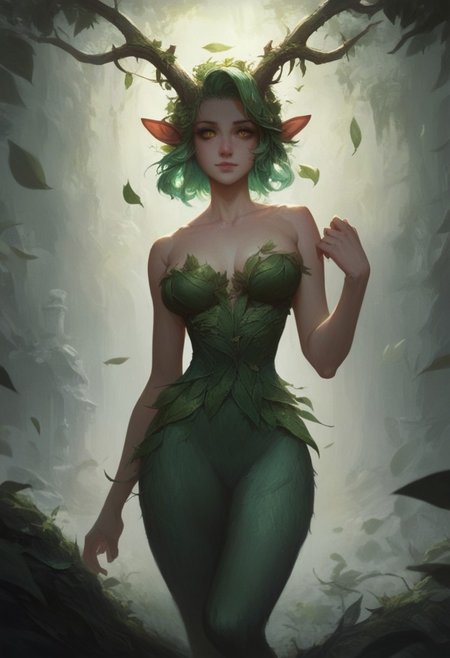 score_9, score_8_up, score_7_up, BREAK, 1woman, cowboy-shot, dramatic lights, clear eyes, sharp eyes, high quality eyes, high resolution eyes, detailed eyes, looking at viewer, eye contact, ((Dryad, Faun, Satyr,, beautiful, detailed face, beautiful face, blue skin, horns, golden eyes, green hair, leaves in hair, leaves, wooden horns))
