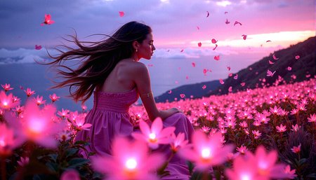 m4d1s0n,
A young lady in full dress on a hill covered in luminescent flowers, with exotic vegetation surrounding her. A strong wind blows through her long hair, sending petals and leaves swirling through the air. The setting is a magical twilight, with the sky painted in deep purples and pinks. The scene is captured in extreme realism, with intricate details in every element, from the glowing flowers to the sharp background. Adjust the woman’s hand to gently touch or interact with a flower, adding a sense of connection to the environment.Add delicate, intricate shadows from the flowers and leaves onto the woman’s skin, enhancing the interplay of light and shadow.Introduce more layers of vegetation with varying heights and densities, creating a richer and more textured environment.Add more texture to the clouds, with subtle color shifts and details that draw the eye upwards.She is sitting on ground while shr lowers her head slightly, her eyes looking at viewer,  with unwavering determination.

The image is vibrant and serene, with no depth of field, ensuring sharpness throughout the wide shot, rendered in high resolution HDR.
