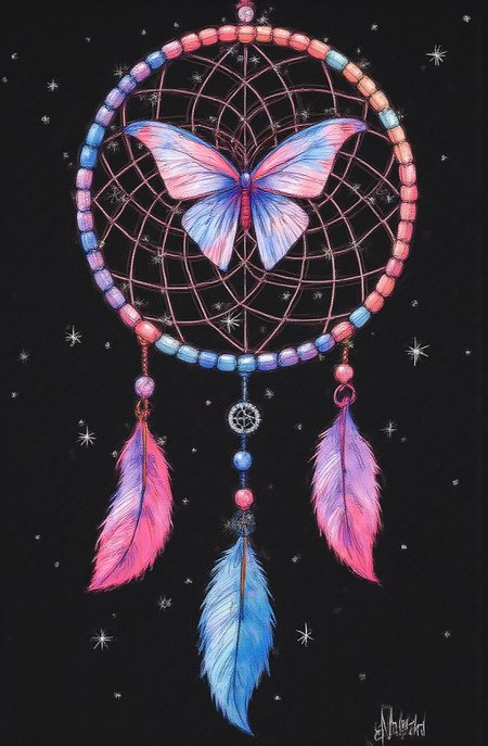 Sharp image of a rough sketch, rendered in vibrant multi colour ballpoint pen, capturing the adorable features of a digital illustration of a dreamcatcher with a butterfly in the center. The dream catcher is made up of multiple strands of beads in different colors and patterns, including pink, blue, and purple. The butterfly is in the shape of a circle with a pink and blue pattern on its wings. The background is black with small white stars scattered throughout, creating a starry night sky. There are also two pink and purple feathers hanging from the bottom of the dream catcher. The overall design is intricate and detailed, with a dreamy and mystical feel.  p3nsk, <lora:p3nsk:1>