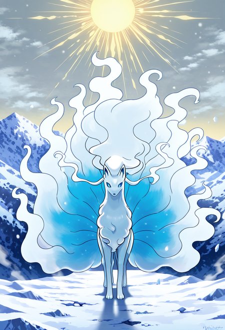masterpiece, best quality,   zzNinetalesA, mountaintop during snowfall, swirling mist, sunrise glow, curled in a circle, serene. High above the clouds, zzNinetalesA rests curled on a peak dusted in soft snow. Mist wraps around it like a veil, and the first golden rays of dawn cut through the gray sky. Stillness reigns, broken only by the whisper of wind over fur.  <lora:NinetalesAlolanPokedex_IXL_v1:1.0>,