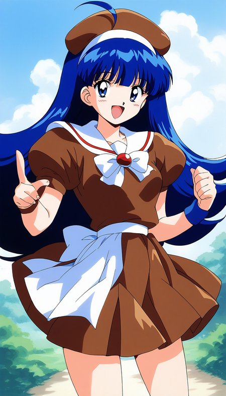 score_9, score_8_up, score_7_up, source_anime, rating_explicit, BREAK <lora:Tsurugino_Hikari_XL:0.8>Tsurugino_Hikari, long hair, blue hair, 1990s (style), hairband, blue eyes, bangs, ahoge, small breasts,
1girl, solo, brown hat, retro artstyle, skirt, open mouth, School uniform, smile, 
wristband, looking at viewer,  puffy sleeves, short sleeves, bow, 
brown dress, :d
dauy, sky, outdoor.