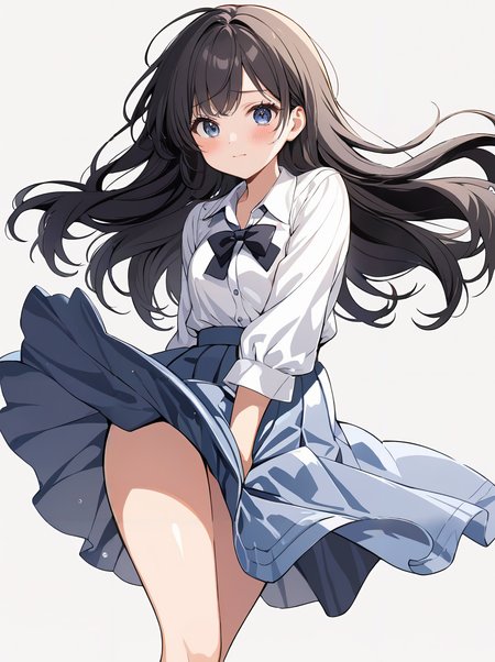 masterpiece,ultra-detailed,best quality,8K,illustration,cute face,clean skin ,shiny hair,girl,ultra-detailed-eyes,simple background, <lora:add-detail-xl:1> <lora:skirt tug_XL_V1.0:1> skirt tug, skirt, wind lift, blush, wind
