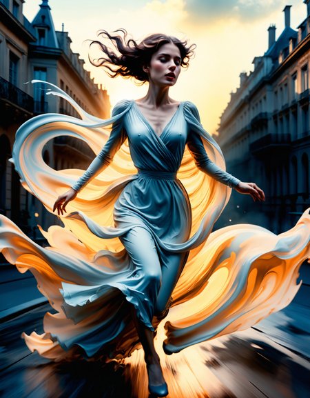 zavy-lqdprtrt, liquid paint, elegant, Accomplished Exhausted Belle Époque Woman, Running, at Dawn, Evil, Offset print, quality, magical atmosphere, intense, dynamic background, luxury, fantastic aesthetic, flowing, gorgeous, perfect composition