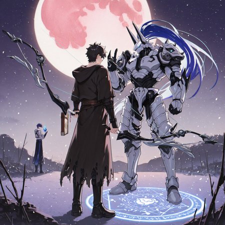 2boys, gay, yaoi, human x robot, interspecies, size difference, contrasting builds, full body, perfect anatomy, easynegative, clear eyes, BREAK 

[1boy, m1namoto_n0_tametom0, robot, helmet, long blue hair, ponytail, white armor, halfskirt, bow_(weapon)], BREAK

[1boy, Ritsuka_Fujimaru, (Human), twink, pale skin, short hair, black hair, turquoise eyes, (glasses), dagger, spellbook, white and black hooded robe, black boots], BREAK

Barren plains, night, blood moon, smile, standing together, look at each other, magic circle, glow, BREAK

masterpiece, perfect quality, best quality, perfect anatomy, absolutely eye-catching, homoerotic, BREAK

((4k,8k,Ultra HD)),((Masterpiece :1.2)),((Best quality :1.2)),((Detailed :1.5)),((Detailed background :1.5))