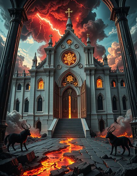 A once-majestic celestial temple, now under siege by the forces of Hell. The grand white stone structure is cracked and scorched, its golden crosses twisted and broken. The stained-glass windows, once glowing with warm divine light, are now shattered, with demonic symbols glowing ominously in their place. The sky, once a serene blue, is now consumed by dark storm clouds, swirling with red lightning and thick smoke.
Black, jagged chains extend from the sky, wrapping around the temple as if trying to pull it down into the abyss. The once-fluffy clouds beneath the structure are now a chaotic mix of fire, ash, and dark mist, with glimpses of molten lava cracks below. Infernal creatures with glowing red eyes lurk in the shadows, their silhouettes barely visible through the smoke and fire.
The temple doors are blown open, revealing an eerie red glow emanating from within, as if Hell itself is consuming the sacred space. Massive demonic runes are etched into the stone, pulsating with an unholy energy. The entire scene is bathed in a deep crimson and orange glow, giving it an apocalyptic and nightmarish atmosphere.
Style & Lighting:
- Dark fantasy, highly detailed
- Dramatic, high-contrast lighting with fiery glows
- Cinematic composition, epic scale
- Strong use of shadows, embers, and atmospheric foghighly detailed and atmospheric view from inside a massive birdcage, large enough for a human to stand inside. The cage is made of ornate, aged metal bars with intricate Victorian-style patterns, curving elegantly towards the domed ceiling. Sunlight filters through the gaps between the bars, casting long, dramatic shadows on the wooden floor. Delicate vines and small flowers have begun to grow around the bars, adding a touch of nature reclaiming the space. The background beyond the cage is blurred, hinting at a lush garden or a mysterious, abandoned mansion. The ambiance is serene yet slightly melancholic, with warm golden light illuminating dust particles floating in the air. Soft feathers are scattered on the floor, adding to the sense of quiet abandonment. The perspective makes the viewer feel as if they are inside the cage, looking outward, surrounded by both beauty and confinement. The style is highly detailed and realistic, with a cinematic and slightly surreal atmosphere.
<lora:SDXLFaeTastic2400:0.4> <lora:extremely_detailed:0.4> extremely detailed, <lora:evil_celestial_t3mpl3-i:1>,evil celestial t3mpl3, Masterpiece,best quality,hi res,8k,hi res,8k,award winning,(sharp focus, intricate, highly detailed),