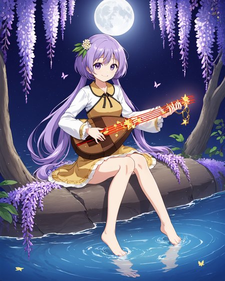tsukumo benben,1girl, solo, barefoot, hair_flower, dress, full_moon, wisteria, sitting, petals, soaking_feet, long_sleeves, lute_\(instrument\), butterfly, smile, playing_instrument, twintails, night, water, biwa_lute
<lora:tsukumo_benben_image916_2023-12-20-000015:1>,star-shaped_pupils,symbol-shaped_pupils,. gorgeous,key visual, vibrant, studio anime,award-winning, professional, highly detailed,high budget, cinemascope
