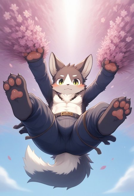 1boy, anthro, solo, paws, kemono, furry, male, falling, flower, by side, full body, 
<lora:furry114514:1>