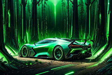 Necron, electricity, green glow, green theme, hypercar, futuristic forest, detailed background, pastoral tones, gentle glow, wide shot, <lora:Necron_World_XL-000009:1>