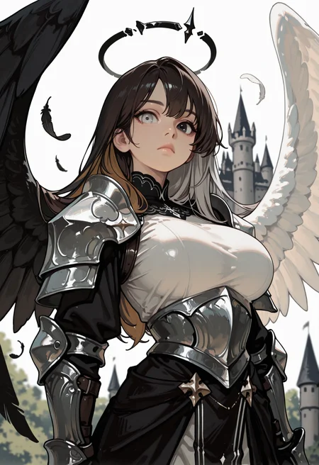 , depth of field, dynamic lighting, brown hair, outdoors, , , blurry background, black halo, white halo 1girl, wings, armor, solo, looking at viewer, shoulder armor, black wings, feathered wings, pauldrons, feathers, breasts, , long hair, grey hair, , gauntlets, , halo, , black feathers, dress, closed mouth, large breasts, , upper body, black eyes, two-tone hair, white wings, black hair, heterochromia, grey eyes, white feathers, expressionless, castle, two-tone wings,, masterwork, masterpiece, best quality, dynamic lighting , dynamic pose,  (lineless:1.5), dynamic angle, lips, nose