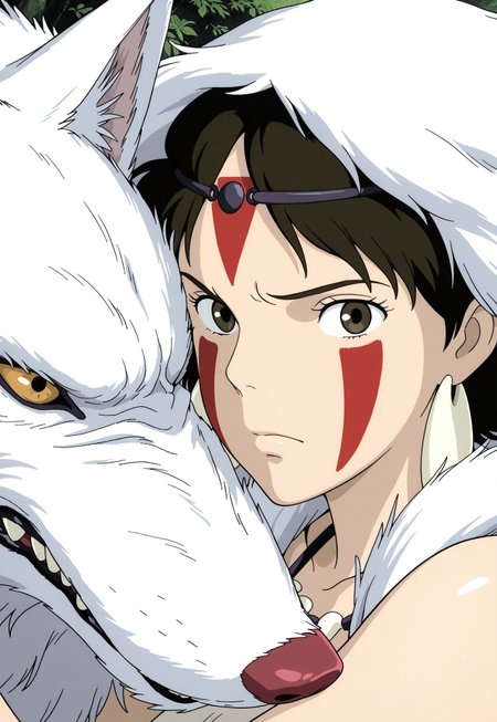 (masterpiece, best quality, amazing quality, very aesthetic, absurdres, newest), portrait, studio_ghibli, solo focus, 1girl, princess mononoke, face paint, serious expression, hand on wolf, large white wolf. 