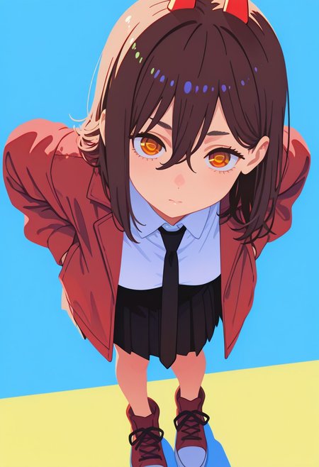score_9, score_8_up, score_7_up, score_6_up, masterpiece, best quality, newest, absurdres, highres, traditional media, 1girl, black necktie, necktie, solo, medium hair, brown eyes, shirt, jacket, white shirt, skirt, red footwear, collared shirt, shoes, brown hair, blue background, simple background, power \(chainsaw man\), hands in pockets, facing viewer, looking at viewer, leaning forward, close-up, red jacket, from above, upturned eyes, close-up,portrait, eye focus, Colorful themes,High Saturation, haiz_ai, no lineart,no outline,ayase momo