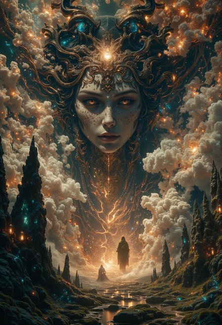 fantasy art by Magali Villeneuve, Junji Ito and Anne Stokes, In a dimly lit room, a delicate watercolor painting comes to life, with intricate patterns and textures that bring the scene to life. The colors are muted and bold, with deep reflections of each other etched into their surface. ,  capturing the beauty and tranquility of natural environments, Alternative comics,  splash of color,  Arthurian legends,  fantasy,  traditional Japanese influences,  sword and sorcery,  superhero illustrations,  hyperrealistic robots,  themes of femininity and spirituality,  creative storytelling,  vibes, highly color focused, full color, intricate detail, deep aesthetic, <lora:models\Flux\flux.1_lora_flyway_Epic-Characters_v1:0.53><lora:models\Flux\realism_lora_comfy flux_converted:0.45><lora:models\Flux\FantasyWizardWitchesFluxV2-000001:0.6><lora:models\Flux\FluxGhost-000001:0.45>,
