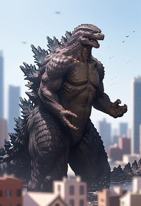 Score_9, score_8_up, score_7_up, score_6_up, zPDXL3, cowboy shot, monster focus, BREAK, realistic,hyperrealism,ornate,studio photograph, skinny Godzilla kaijuu,gigantic monster, model_buildinga, model_kit_(medium), city skyline, plastic buildings, forced perspective, blurry background, building