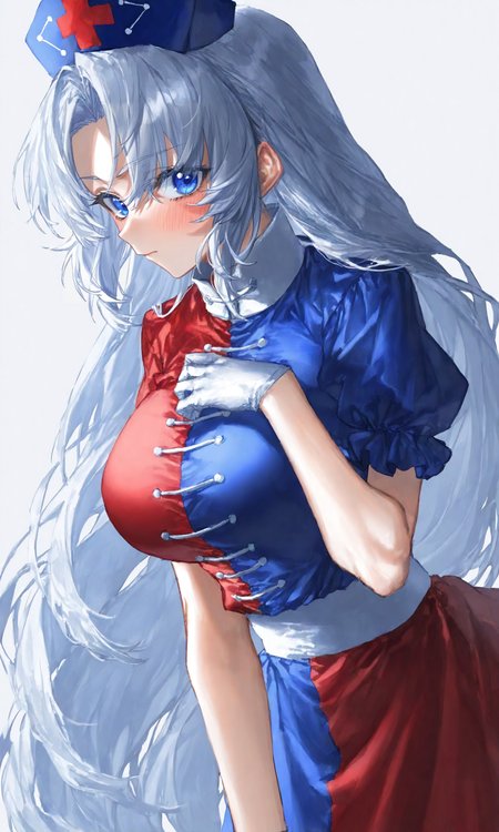 (artist:quasarcake:1.1), (ebifurya:0.7), yagokoro eirin, 1girl, solo, gloves, long hair, hat, breasts, white gloves, white background, simple background, dress, red dress, nurse cap, grey hair, multicolored dress, blue eyes, large breasts, blue headwear, looking at viewer, corset, blue dress, short sleeves, two-tone dress, multicolored clothes, closed mouth, puffy sleeves, parted bangs, puffy short sleeves, red cross, collared dress, upper body, cross, very long hair, (best quality, amazing quality, very aesthetic, absurdres:1.1)
