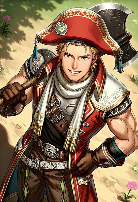 <lora:Corsair_Romancing_Saga_2_Revenge_of_the_Seven:1>,
<lora:noobai_vpred_1_aqm_complete_v3:1>,
<lora:NOOB_vp1_detailer_by_volnovik_v1:1> masterpiece, best quality, newest, absurdres, anime screencap, intricate details, good quality, very awa, highres, perfect proportions, perfect eyes, amazing quality, very aesthetic, crsr_rs2, blue_crsr_eyes, blonde_crsr_hair, muscular male, mature male, male focus, anime coloring, 1boy, solo, from above, spring,  smile, teeth, looking at viewer, crsr_hat, crsr_gloves, hand on own hip, weapon, axe, over shoulder, weapon over shoulder,  shadow, dutch angle,  dynamic action, intricate lighting, intricately detailed illustration, depth of field,