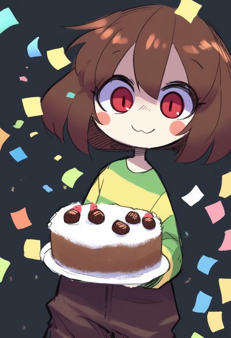 score_9, score_8_up, score_7_up, score_6_up, score_5_up, score_4_up, (solo:1.2), cute, adorable, (short, diminutive), (chara \(undertale\):1.2), (blush, blush stickers, red eyes, smile, green shirt with yellow stripe, evil, empty expression, long sleeves, brown pants), (confetti, birthday presents, presents, holding a chocolate cake), (sketch:1.2), (simple background:1.2)