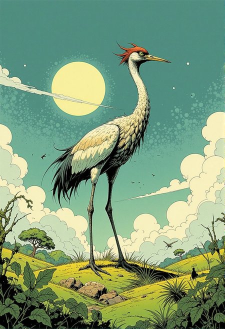 <lora:models\Flux\Comic book V2:1.5> in style of comic book,, Intricately textured A majestic crane with a slender body and piercing green eyes gracefully dances in a vast, green field. The sun shines down on the scene, casting long shadows across the landscape. The air is filled with the sound of rustling leaves and the gentle hum of crickets. The scene is alive with the sounds of birds singing and the chirping of birds.