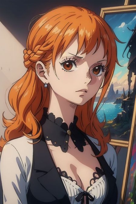 A painting of a woman in a black suit,  nami,
with a white background and a white wall,  a painting, fantasy art
masterpiece, best quality, depth of field, backlighting, intricate details,  <lora:SDXLHighDetail_v5:1>