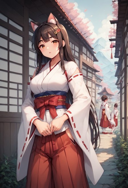 score_9, score_8_up, score_7_up, score_6_up, score_5_up, score_4_up, masterpiece, high quality,Kluclew_Art,easynegative,japanese clothes, hairclip, wide sleeves, ribbon trim, long sleeves, hakama skirt, miko, sleeves past wrists, red hakama, white kimono, tabi, ribbon-trimmed sleeves, pinching sleeves,yuika3,cat ears